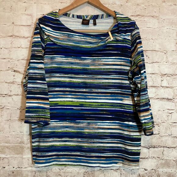 Rafaella Studio Top Womens 2X Blue & Green Stripes Cowl Neck Cotton Stretch Plus - Picture 1 of 12